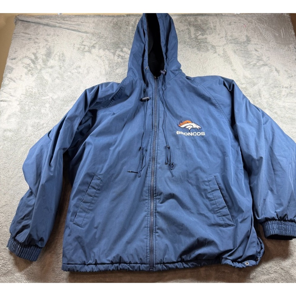 Vtg Denver‎ Broncos Pro Player Jacket L NFL Hooded Spell Out Game Day